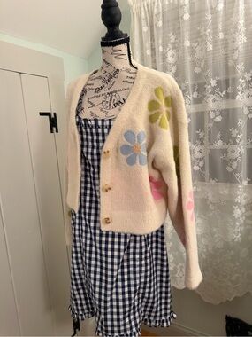 Lush Cream Fuzzy Cardigan with Pink, Blue & Green Floral Motif